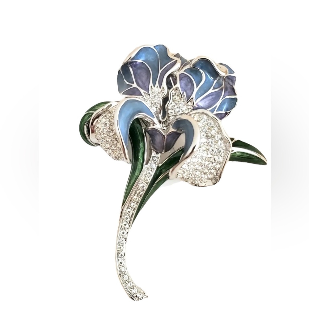 Vintage RARE NOLAN MILLER "Azure Iris" Enamel & Pave Crystal Flower Pin